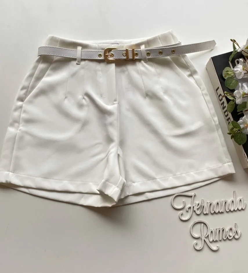 Short Social Feminino Alfaiataria com Cinto Branco - Fernanda Ramos Store