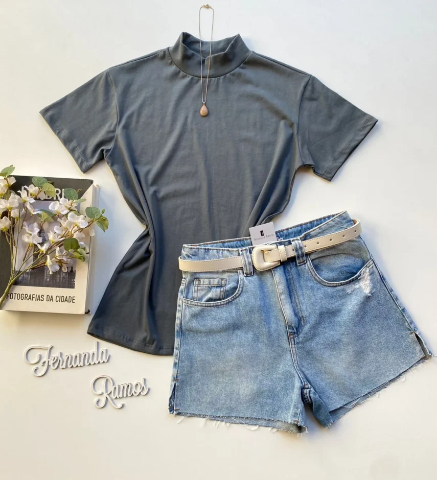 T-shirt Feminina Mariana Gola Alta Cinza - Fernanda Ramos Store