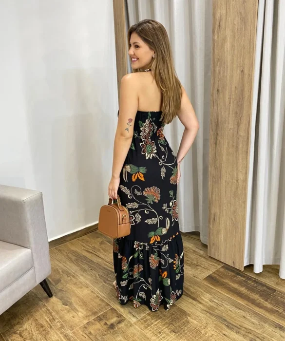 Vestido Ana Longo sem Bojo com Amarração no Pescoço Preto - Fernanda Ramos Store