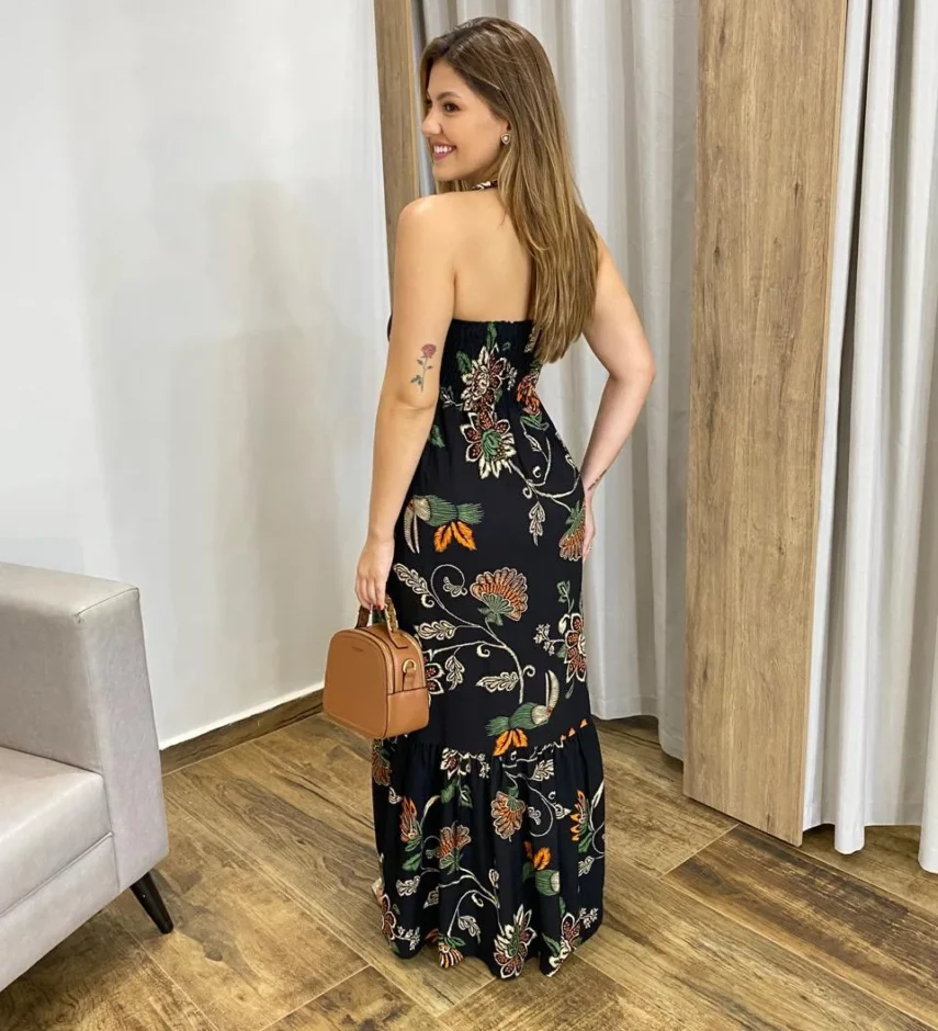 Vestido Ana Longo sem Bojo com Amarração no Pescoço Preto - Fernanda Ramos Store
