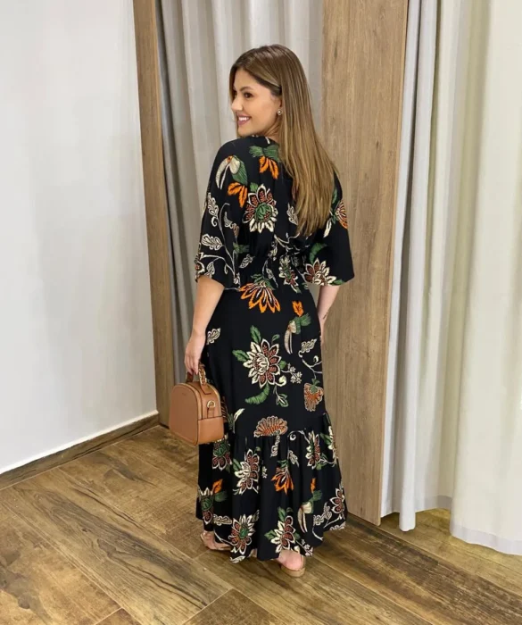 Vestido Bianca Midi sem Bojo com Amarração Manga Curta Preto - Fernanda Ramos Store