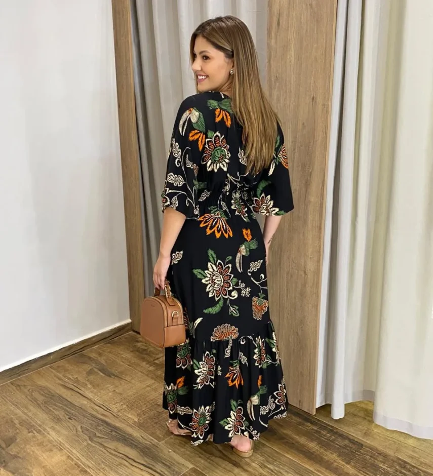 Vestido Bianca Midi sem Bojo com Amarração Manga Curta Preto - Fernanda Ramos Store