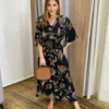 Vestido Bianca Midi sem Bojo com Amarração Manga Curta Preto - Fernanda Ramos Store