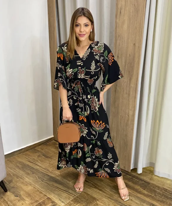 Vestido Bianca Midi sem Bojo com Amarração Manga Curta Preto - Fernanda Ramos Store