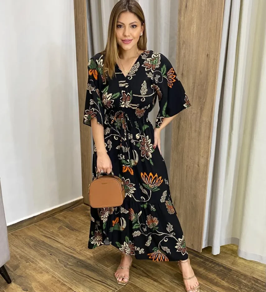 Vestido Bianca Midi sem Bojo com Amarração Manga Curta Preto - Fernanda Ramos Store