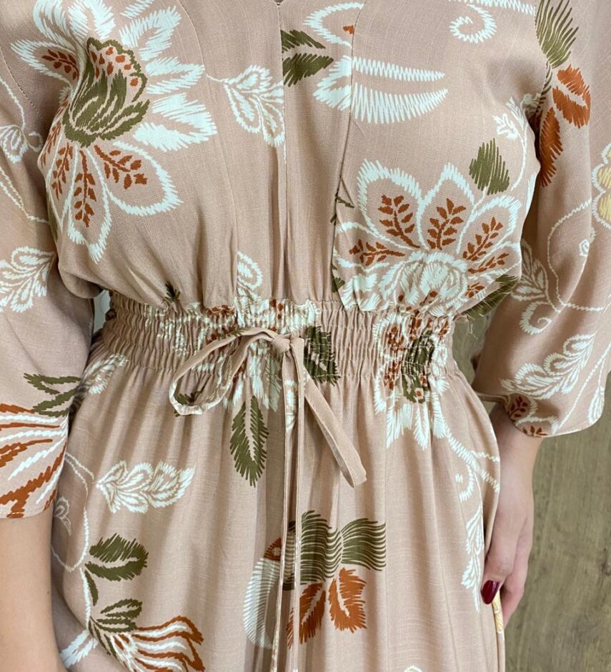 Vestido Bianca Midi sem Bojo com Amarração Manga Curta Rose - Fernanda Ramos Store