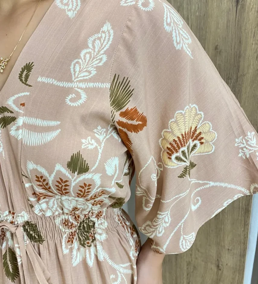 Vestido Bianca Midi sem Bojo com Amarração Manga Curta Rose - Fernanda Ramos Store