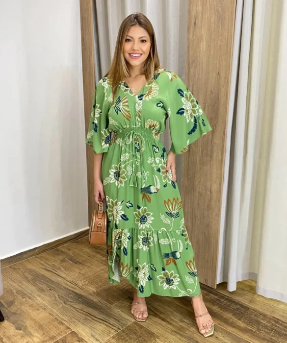 Vestido Bianca Midi sem Bojo com Amarração Manga Curta Verde - Fernanda Ramos Store