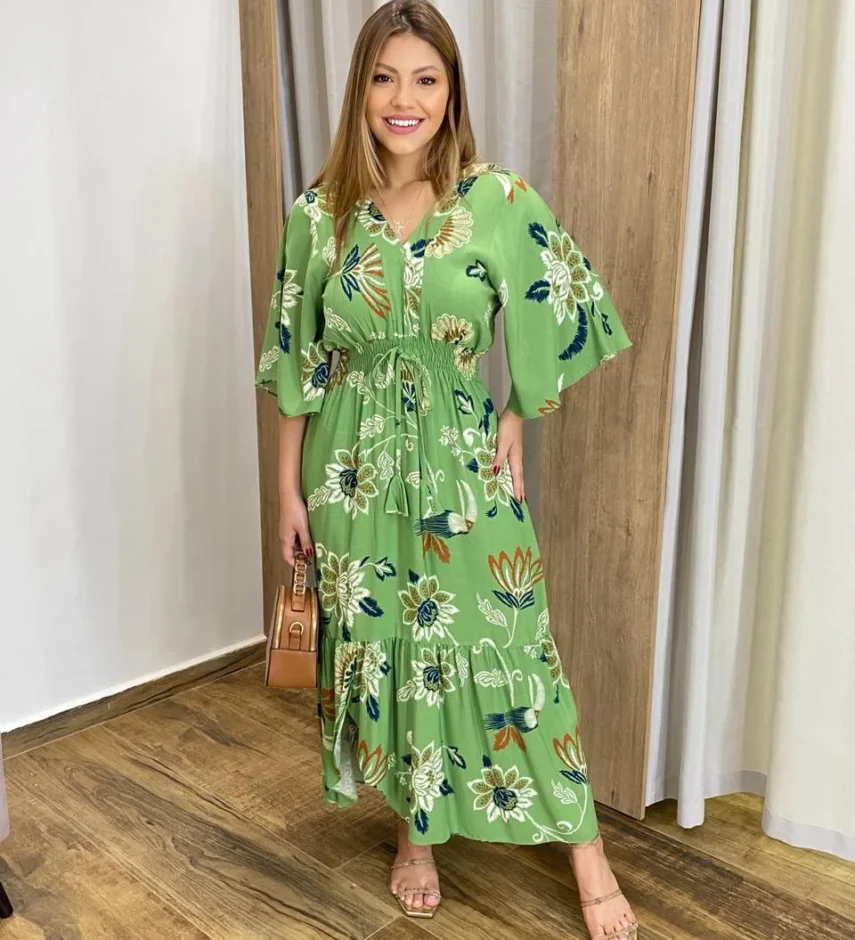Vestido Bianca Midi sem Bojo com Amarração Manga Curta Verd - Fernanda Ramos Store