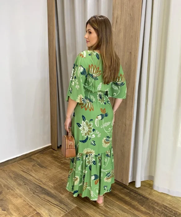 Vestido Bianca Midi sem Bojo com Amarração Manga Curta Verde - Fernanda Ramos Store