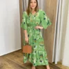 Vestido Bianca Midi sem Bojo com Amarração Manga Curta Verde - Fernanda Ramos Store