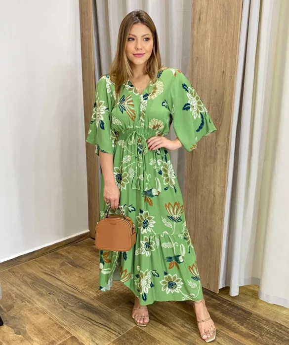 Vestido Bianca Midi sem Bojo com Amarração Manga Curta Verde - Fernanda Ramos Store