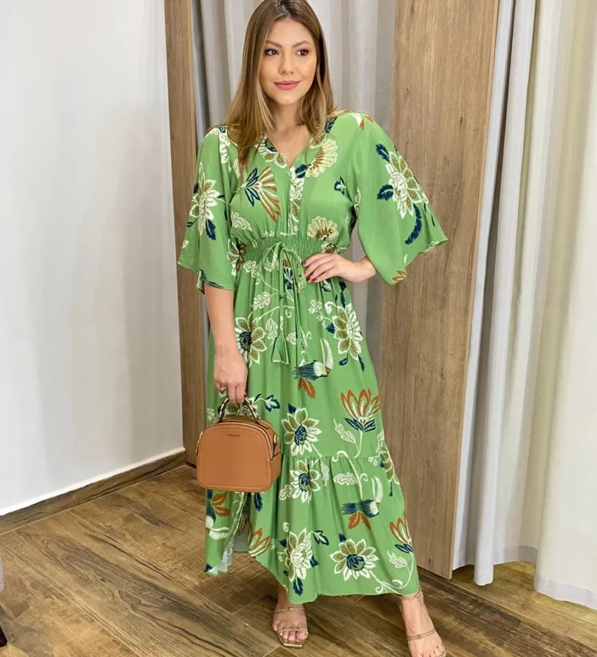 Vestido Bianca Midi sem Bojo com Amarração Manga Curta Verd - Fernanda Ramos Store