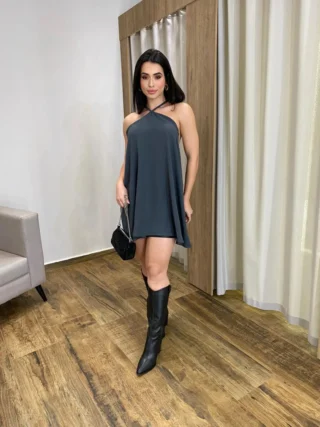 Vestido Feminino Curto sem Bojo com Amarração no Pescoço Cinza - Fernanda Ramos Store