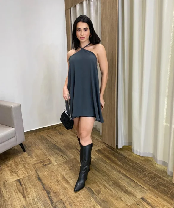 Vestido Feminino Curto sem Bojo com Amarração no Pescoço Cinza - Fernanda Ramos Store