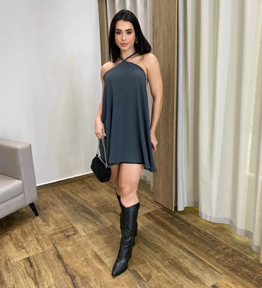 Vestido Feminino Curto sem Bojo com Amarração no Pescoço Cinza - Fernanda Ramos Store