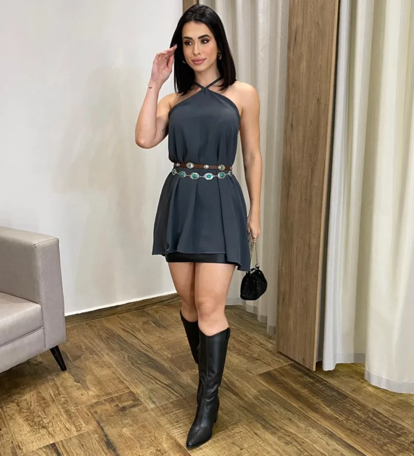 Vestido Feminino Curto sem Bojo com Amarração no Pescoço Cinza - Fernanda Ramos Store