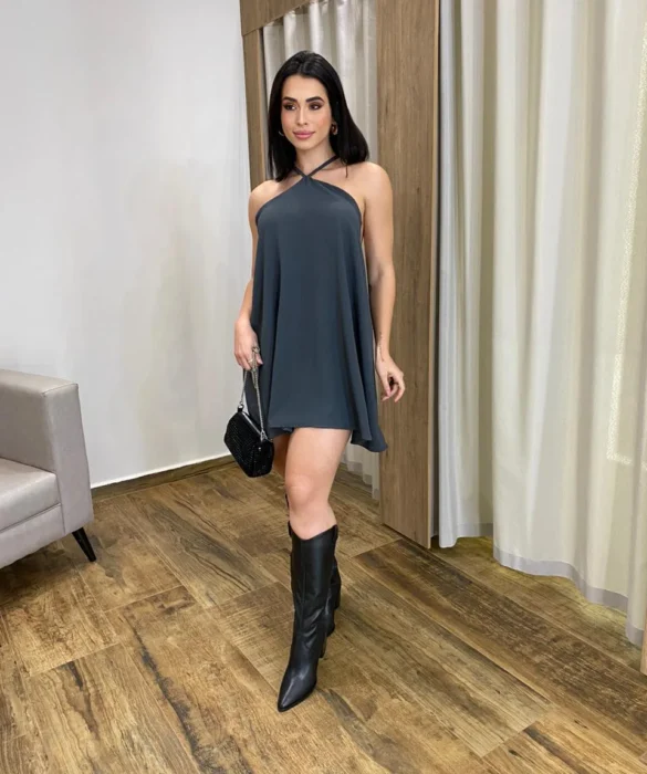 Vestido Feminino Curto sem Bojo com Amarração no Pescoço Cinza - Fernanda Ramos Store