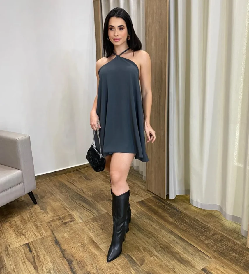 Vestido Feminino Curto sem Bojo com Amarração no Pescoço Cinza - Fernanda Ramos Store