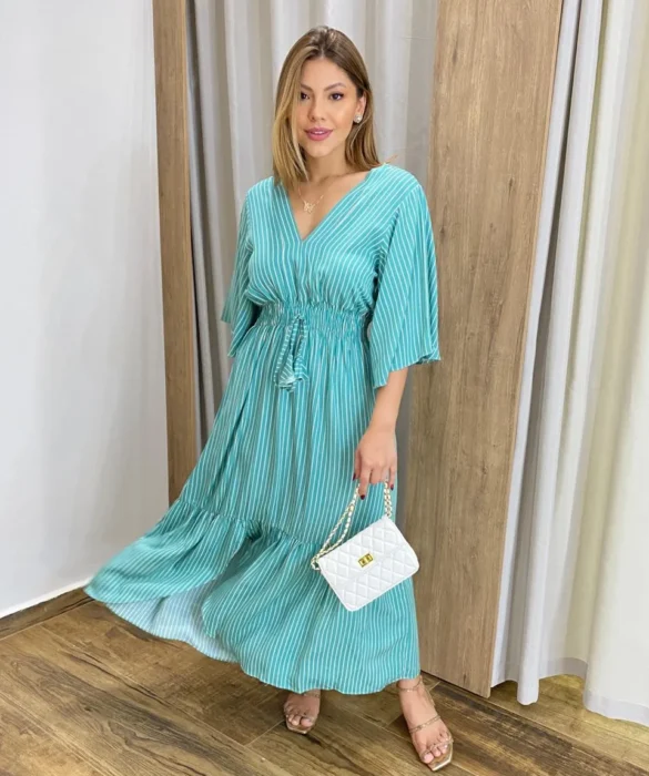 Vestido Julia Midi sem Bojo com Amarração Manga Curta Listrado Azul - Fernanda Ramos Store