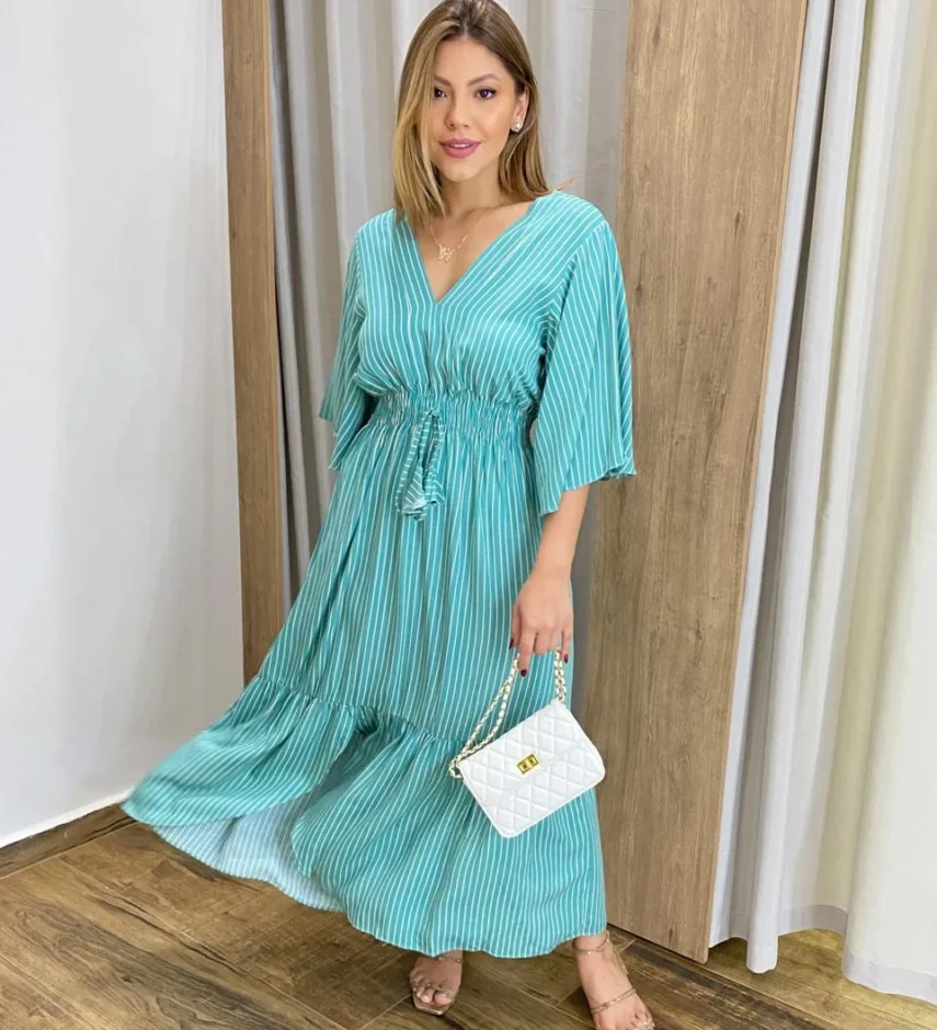 Vestido Julia Midi sem Bojo com Amarração Manga Curta Listrado Azul - Fernanda Ramos Store