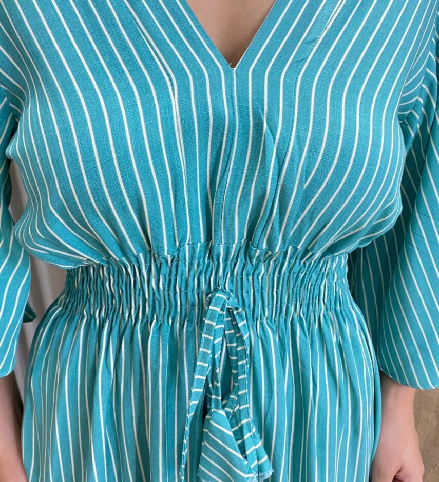 Vestido Julia Midi sem Bojo com Amarração Manga Curta Listrado Azul - Fernanda Ramos Store