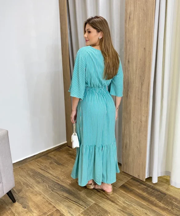 Vestido Julia Midi sem Bojo com Amarração Manga Curta Listrado Azul - Fernanda Ramos Store