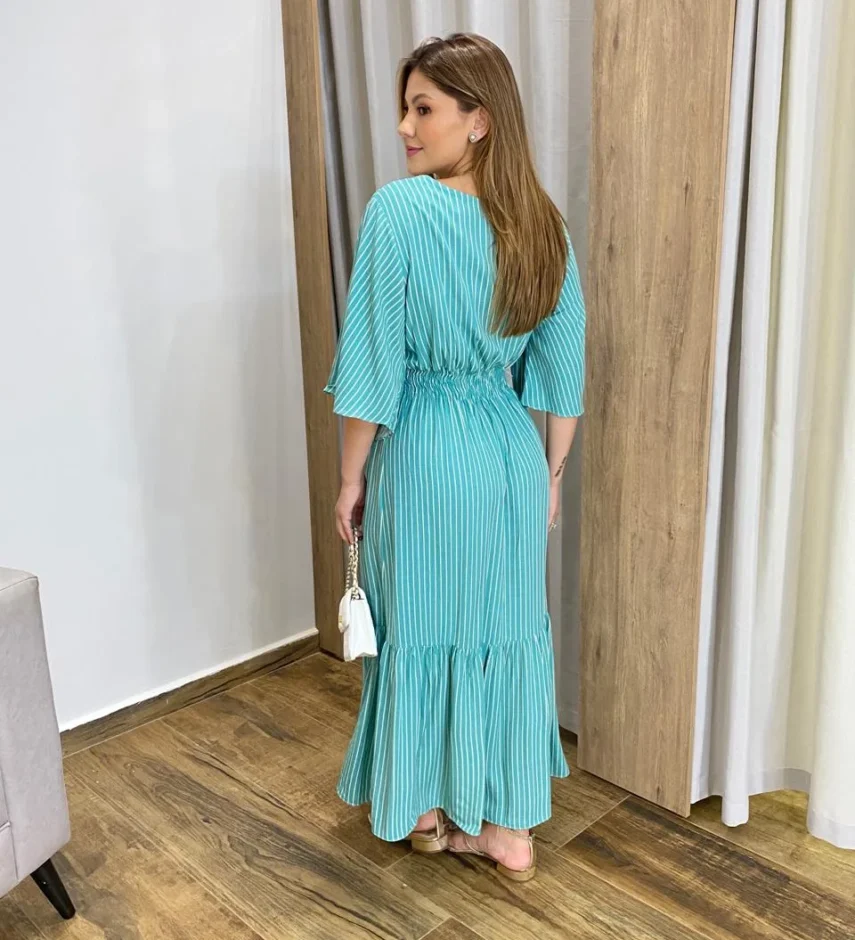 Vestido Julia Midi sem Bojo com Amarração Manga Curta Listrado Azul - Fernanda Ramos Store