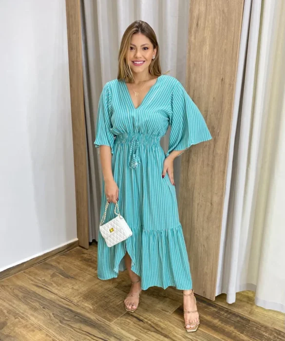 Vestido Julia Midi sem Bojo com Amarração Manga Curta Listrado Azul - Fernanda Ramos Store