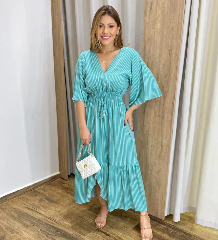 Vestido Julia Midi sem Bojo com Amarração Manga Curta Listrado Azul - Fernanda Ramos Store