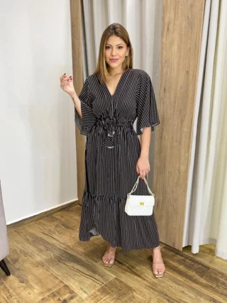 Vestido Julia Midi sem Bojo com Amarração Manga Curta Listrado Preto - Fernanda Ramos Store