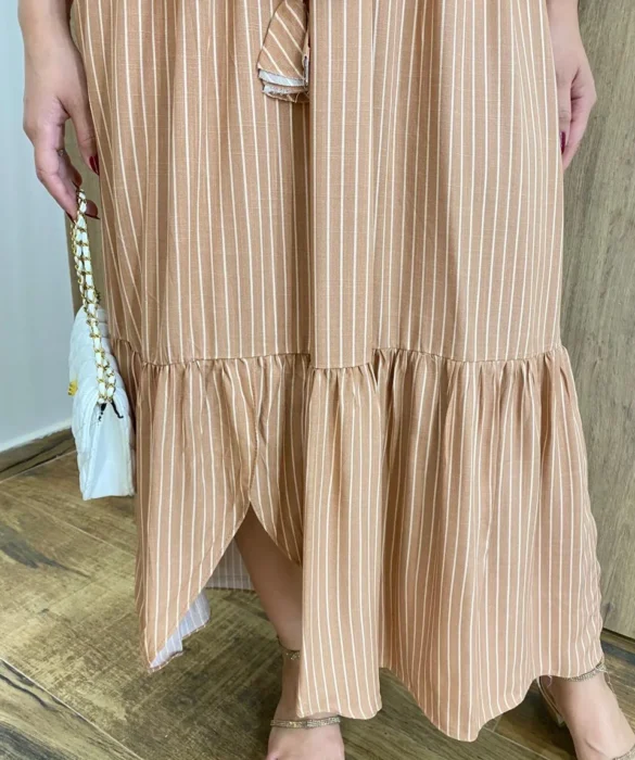 Vestido Julia Midi sem Bojo com Amarração Manga Curta Listrado Rose - Fernanda Ramos Store