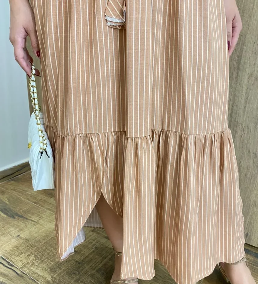 Vestido Julia Midi sem Bojo com Amarração Manga Curta Listrado Rose - Fernanda Ramos Store