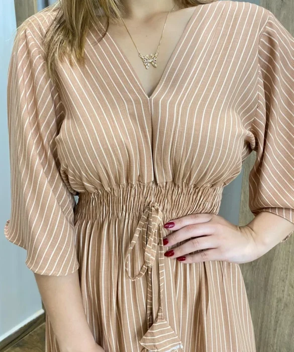 Vestido Julia Midi sem Bojo com Amarração Manga Curta Listrado Rose - Fernanda Ramos Store