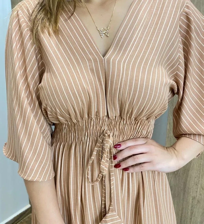 Vestido Julia Midi sem Bojo com Amarração Manga Curta Listrado Rose - Fernanda Ramos Store
