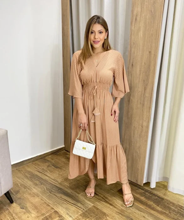 Vestido Julia Midi sem Bojo com Amarração Manga Curta Listrado Rose - Fernanda Ramos Store