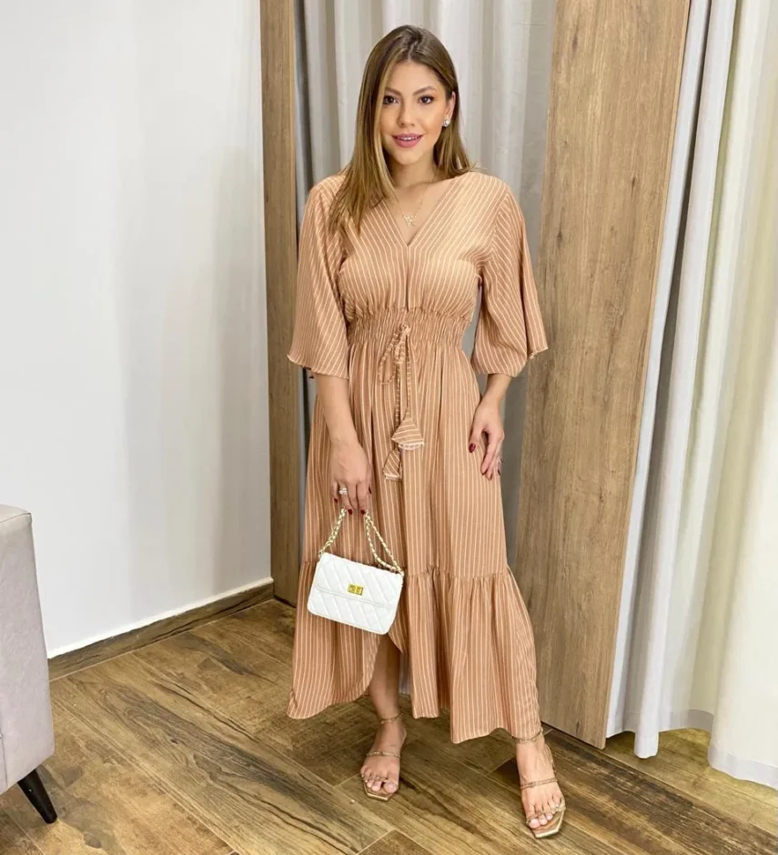 Vestido Julia Midi sem Bojo com Amarração Manga Curta Listrado Rose - Fernanda Ramos Store