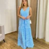 Vestido Longo com Bojo e Lastex Alça Grossa Listrado de Azul - Fernanda Ramos Store