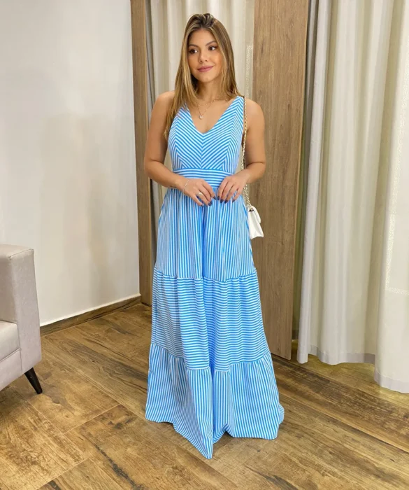 Vestido Longo com Bojo e Lastex Alça Grossa Listrado de Azul - Fernanda Ramos Store