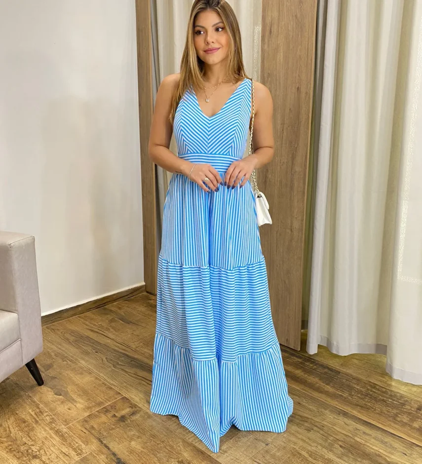 Vestido Longo com Bojo e Lastex Alça Grossa Listrado de Azul - Fernanda Ramos Store