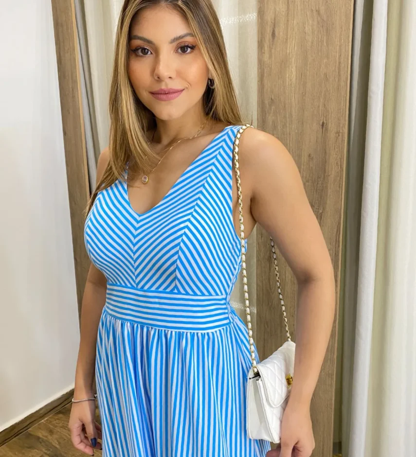 Vestido Longo com Bojo e Lastex Alça Grossa Listrado de Azul - Fernanda Ramos Store