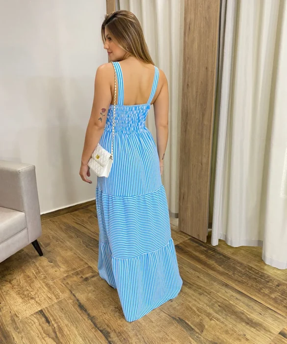 Vestido Longo com Bojo e Lastex Alça Grossa Listrado de Azul - Fernanda Ramos Store