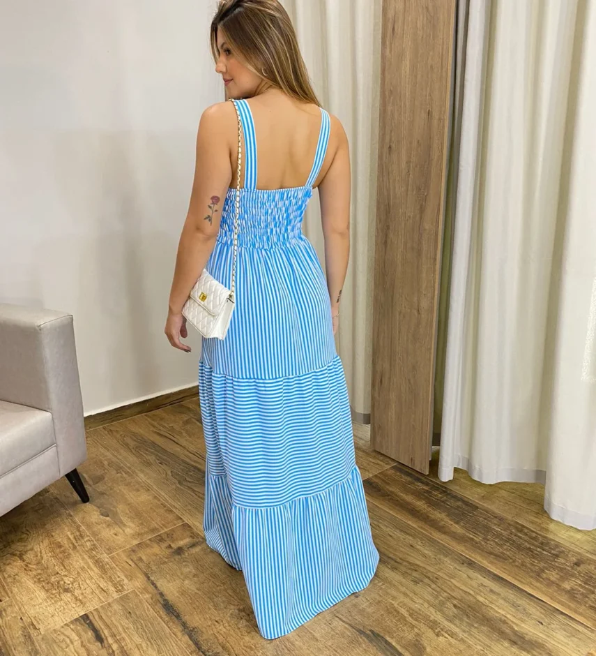 Vestido Longo com Bojo e Lastex Alça Grossa Listrado de Azul - Fernanda Ramos Store