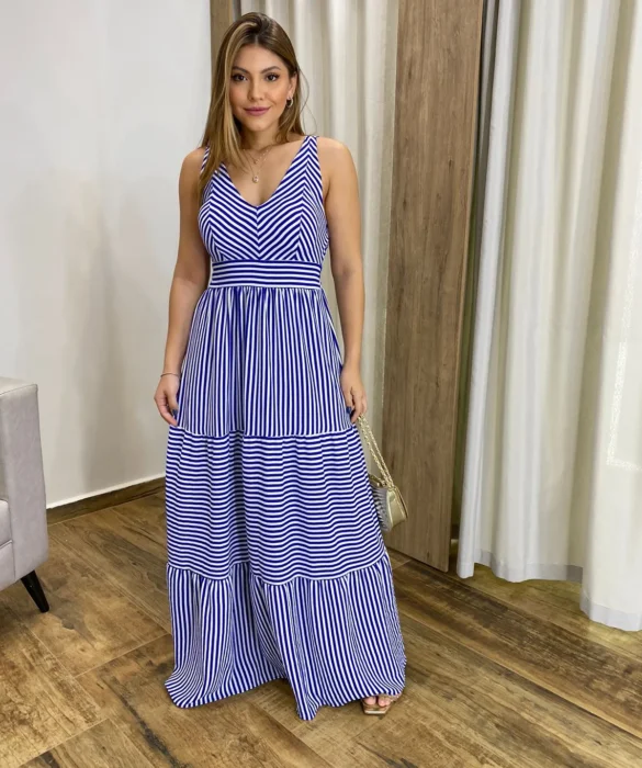 Vestido Longo com Bojo e Lastex Alça Grossa Listrado de Azul Bic - Fernanda Ramos Store