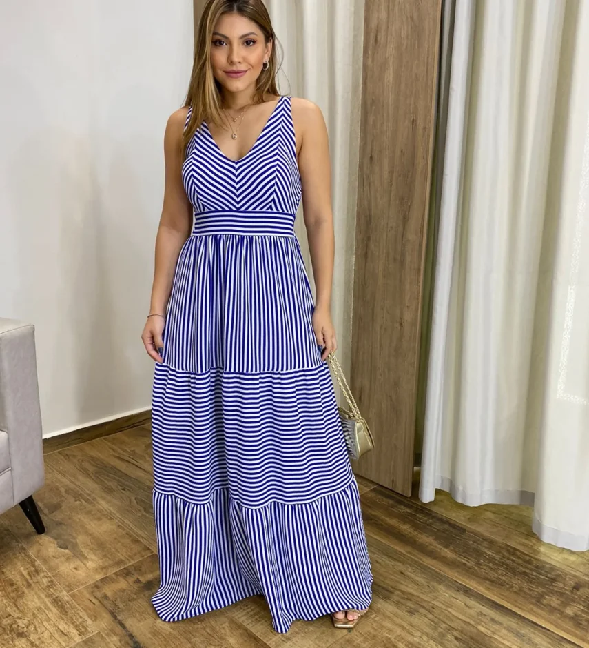 Vestido Longo com Bojo e Lastex Alça Grossa Listrado de Azul Bic - Fernanda Ramos Store