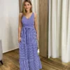 Vestido Longo com Bojo e Lastex Alça Grossa Listrado de Azul Bic - Fernanda Ramos Store