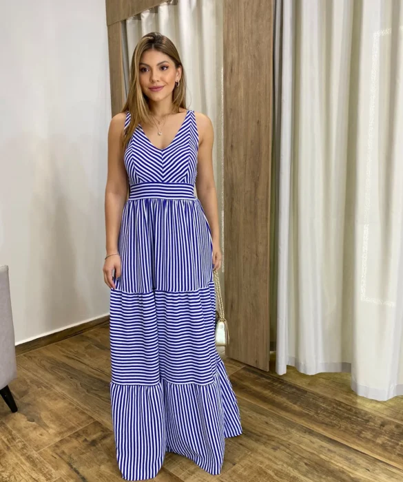 Vestido Longo com Bojo e Lastex Alça Grossa Listrado de Azul Bic - Fernanda Ramos Store