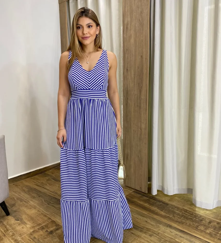 Vestido Longo com Bojo e Lastex Alça Grossa Listrado de Azul Bic - Fernanda Ramos Store