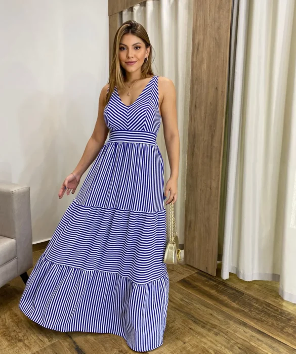 Vestido Longo com Bojo e Lastex Alça Grossa Listrado de Azul Bic - Fernanda Ramos Store