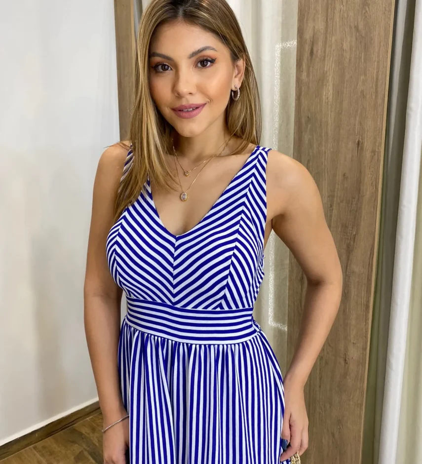 Vestido Longo com Bojo e Lastex Alça Grossa Listrado de Azul Bic - Fernanda Ramos Store